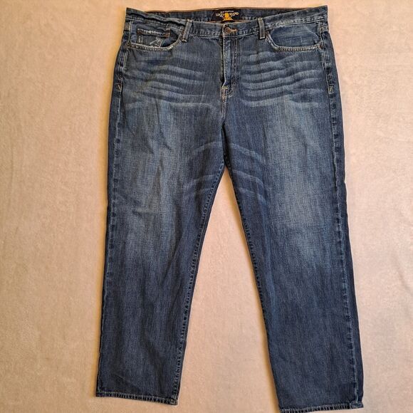 Lucky Brand 361 Mens 42×32 Vintage Straight Jeans Blue Distressed Whiskered - Picture 1 of 13